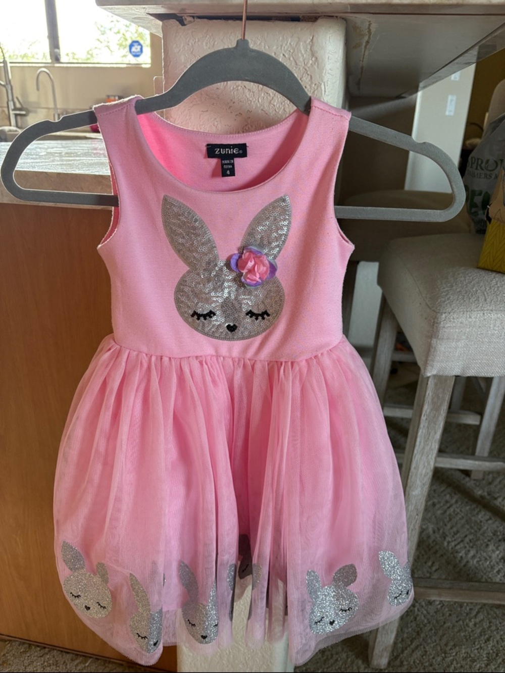 Zunie Pink Sequin Bunny Dress with Floral Applique